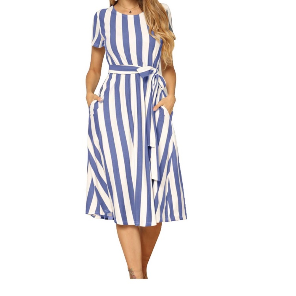 ✂️ Blue Striped Midi Belt Dress with Pockets